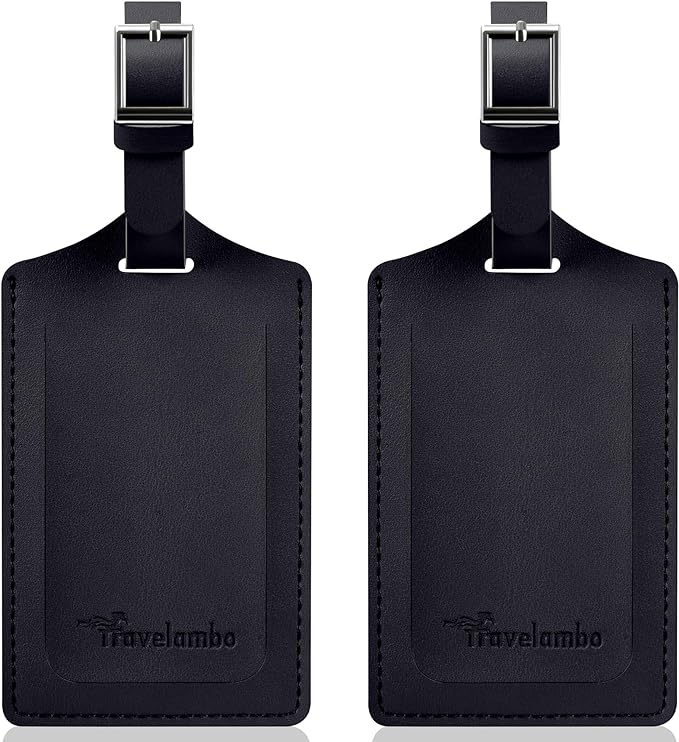 Travelambo Luggage Tags for Suitcases Faux Leather Privacy Protection 2 Pack Bag Tags Travel Accessories Essential, Black