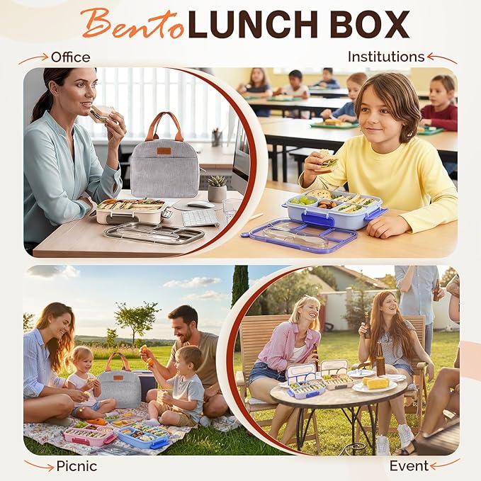 EASYFUN Bento Lunch Box Set Bento Box, 4-Compartment Lunch Containers,High Capacity Lunch Tote Bags for Work, Travel, Outdoor (Pink)