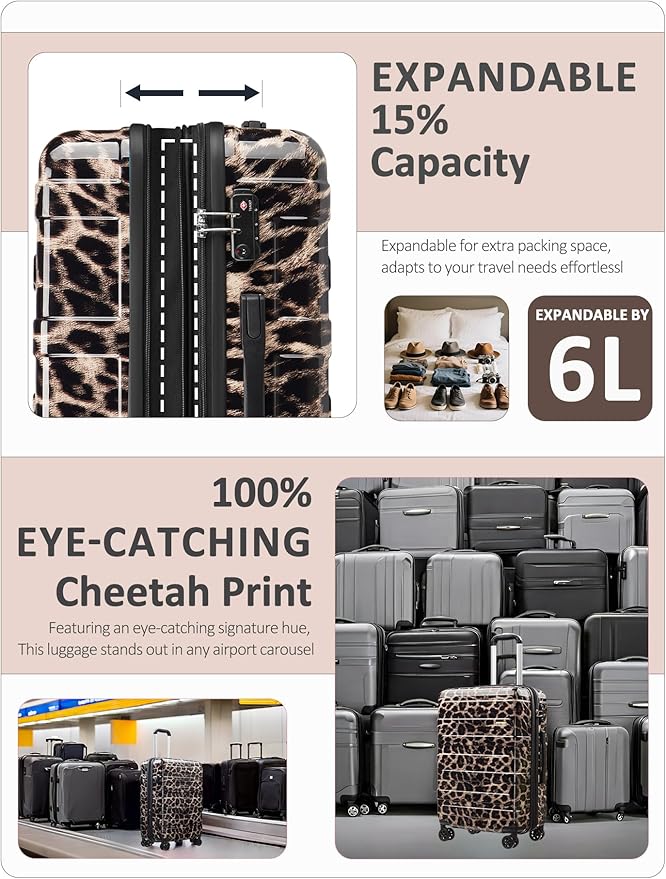 Tolino Carry on Luggage Checke Airline Approved,24 Inch Hardside Suitcase with Wheels TSA Lock, PC+ABS Lightweight Carry on Suitcases for Women and Men Cheetah Print
