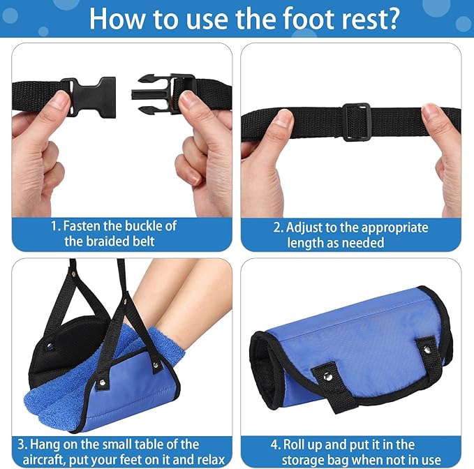 Yerliker Airplane Foot Hammock(Memory Foam) with Earplugs and Eye Mask Travel Necessities Adjustable Airplane Desk Foot Rest for Long Trip Pain and Swelling Relief(Blue)