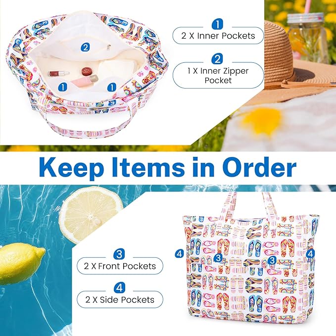 Iioscre Beach Bag for Women, Causal Hobo Pool Bags with Zipper Inner Pocket, Foldable Swim Tote Bag for Vacation Essentials