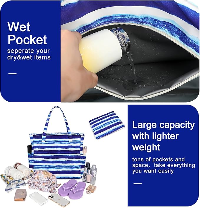Bluboon Waterproof Beach Tote Pool Bags for Women Ladies Extra Large Carry On Bag With Wet Compartment for Weekender Travel