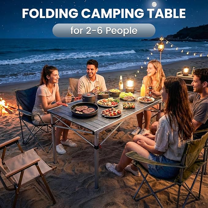 KingCamp Aluminum Folding Camping Table, 42.1" Foldable Lightweight Roll Up Camp Table Heavy Duty 2-6 People Portable Table for Camping Picnic BBQ RV, Indoor & Outdoor, Silver Black