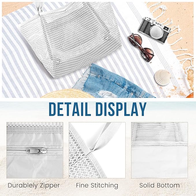 HOHOM Beach Bags for Women, Summer Travel Mesh Tote Bag with Large Inner Pocket, Sandproof Woven Shoulder Handbag