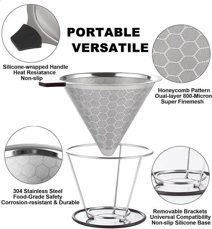 Pour Over Coffee Dripper - 304 Stainless Steel Filter, Paperless & Reusable Dual-Layer Metal Coffee Filter with Base, 800 Mesh Steel Cone Filter, for 1-6 Cups Brew Coffee Maker (Black)
