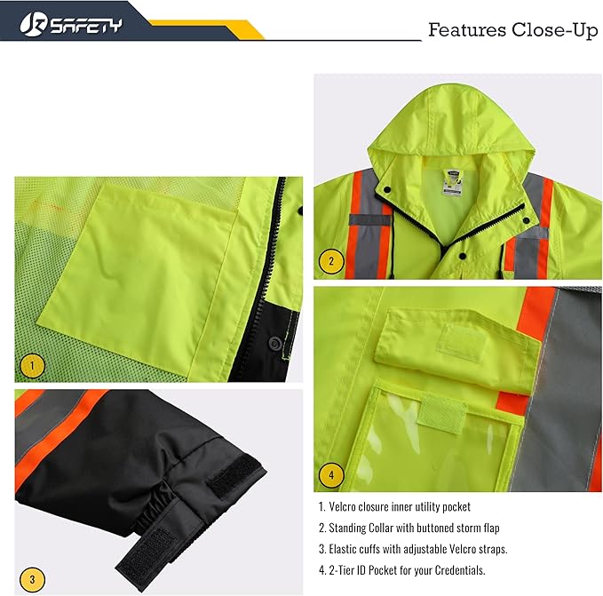 JKSafety Hi-Vis Reflective Safety Rain Jacket and Pants for Men Women Waterproof Rain Gears for Farming Fishing Work HV Rain Suit with Inner Mesh Lining and Pockets (117-Yellow 3XL)