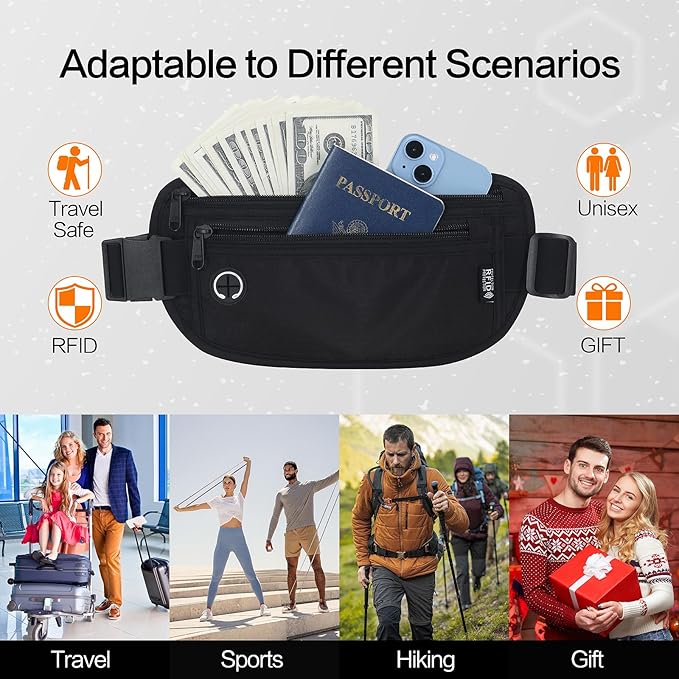 Slim RFID Blocking Money Belt for Travel - Anti-Theft Hidden Passport Holder Waist Wallet with Secure Pouch for Cash, Credit Cards & Phone Safe (Black)