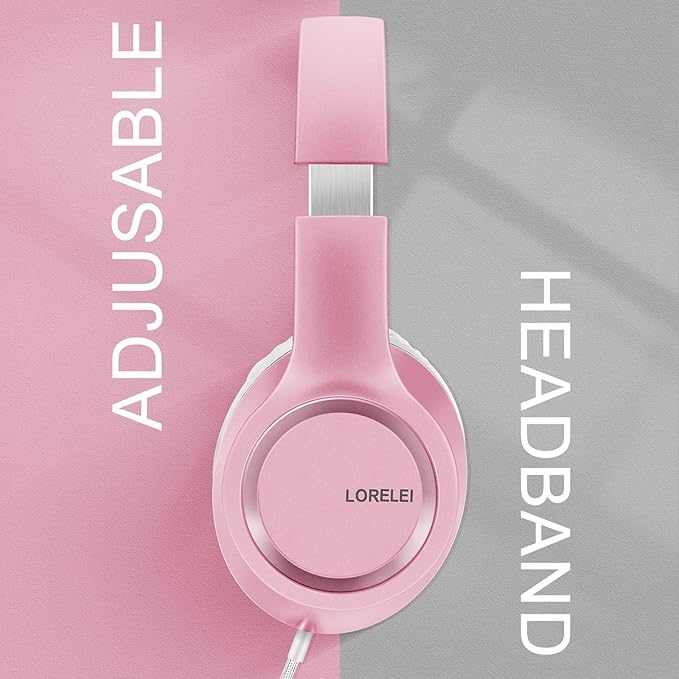 LORELEI X8 Over-Ear Wired Headphones with Microphone with 1.45m-Tangle-Free Nylon Line&3.5mm Plug,Lightweight Foldable & Portable Headphones for Smartphone,Tablet,Computer,Mp3/4（Pearl Pink）
