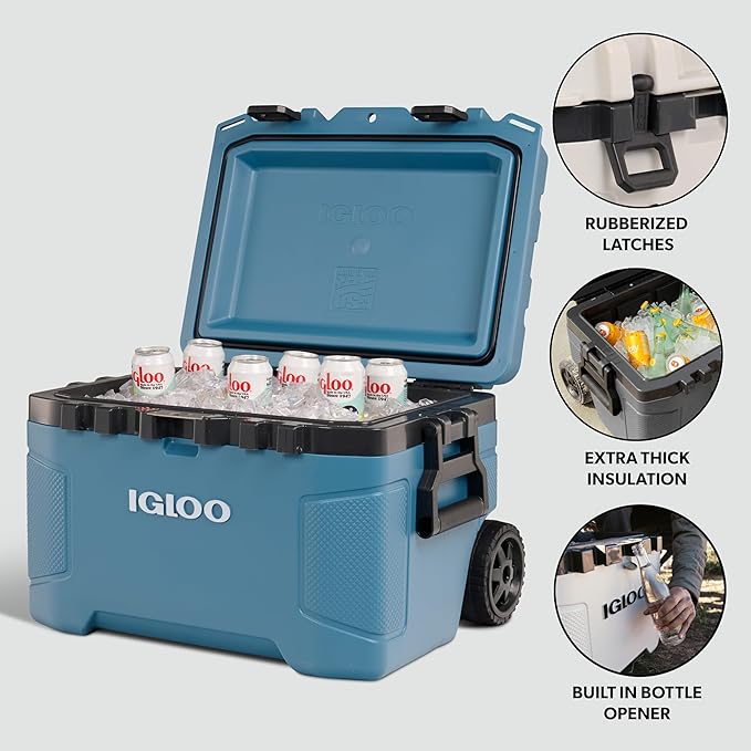 Igloo Trailmate 52Qt Wheeled Cooler, Insulated Hard Shell Ice Chest, Modern Blue