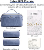 BOYATU Travel Makeup Bags for Women: 3 Pcs Set Wide Open Cosmetic Bag - Portable Make up Bags with Handle - Vegan Leather Toiletry Organizer Bag with Divider (G-05-Blue)
