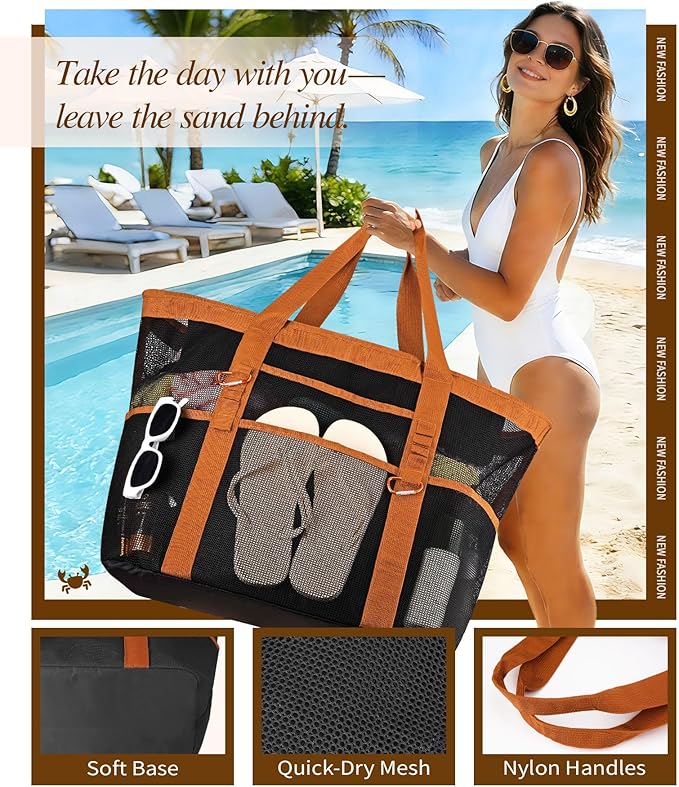2026 Stylish & Spacious XX-Large Beach Bag for Women – Mesh × Canvas Tote with Top Zipper, 11 Tall Pockets | 40L+ Spacious, 11 Tall Pockets, Zipper Pouch, Secure Zip-Top, Sand-Resistant Base