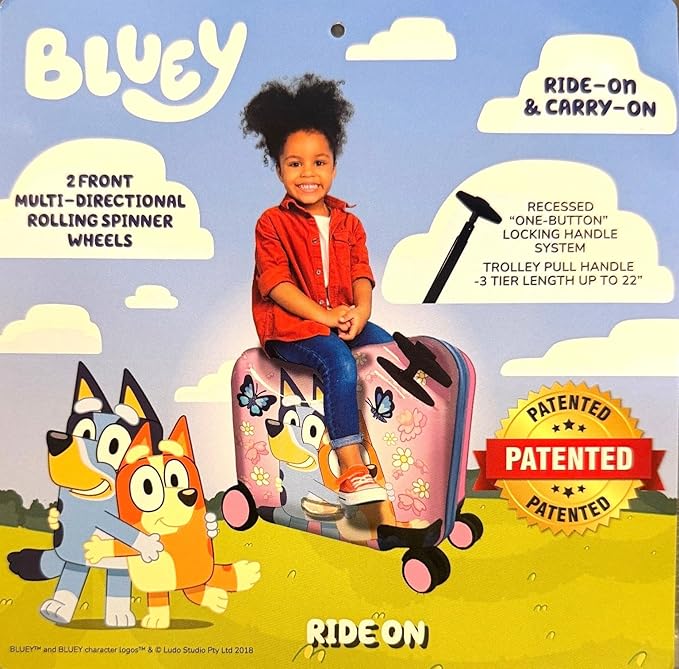 Fast Forward Bluey Girls Ride-On 18" Suitcase for Kids/Tow-Along Toddler Carry-On Luggage with Wheels