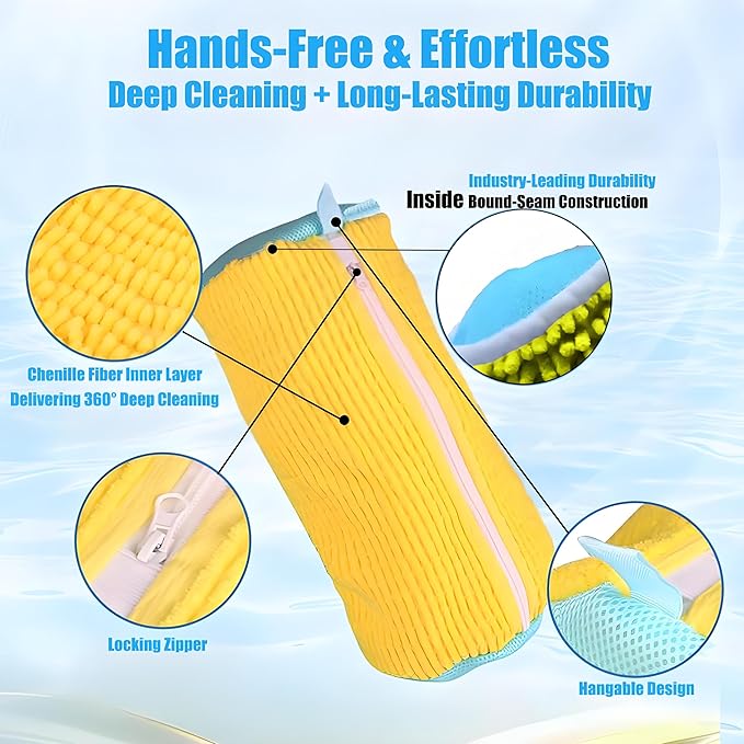 2 Pack Shoe Washing Machine Bag with 10,000+ Chenille Bristles | Reusable Sneaker Laundry Bag for Deep Cleaning | Noiseless Mesh Wash Bag for Washer & Dryer | Fits Men & Women Running Shoes