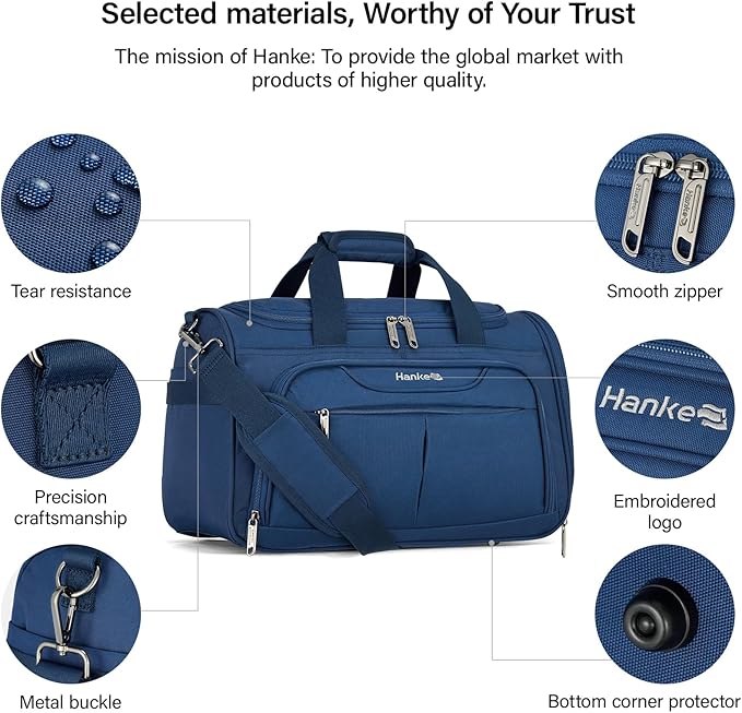 Hanke Small Travel Duffel Bag, Under Seat Carry On Personal Item Bag with 11 Pockets, Lightweight Water Resistant Foldable Weekender Bag with Trolley Sleeve for Travel Gym Daily Use（Blue）