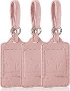 3 Pack Luggage Tags - Quick Install, Privacy Protection, Airplane Travel Essentials for Suitcases, Durable Leather - Lichee Dark Pink