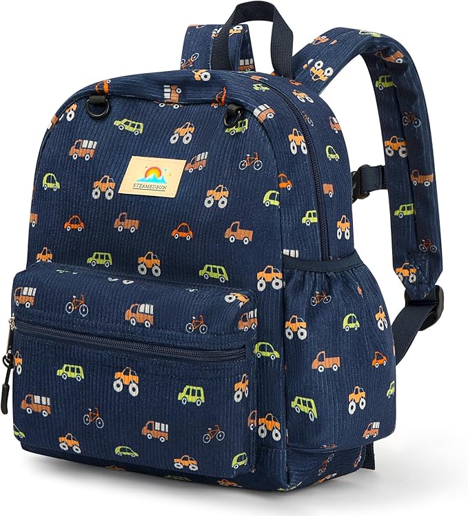 STEAMEDBUN Corduroy Toddler Backpack for Boys 2-4: Kids backpack for Boys Girls - 12 inch Preschool Kindergarten Backpacks - Car