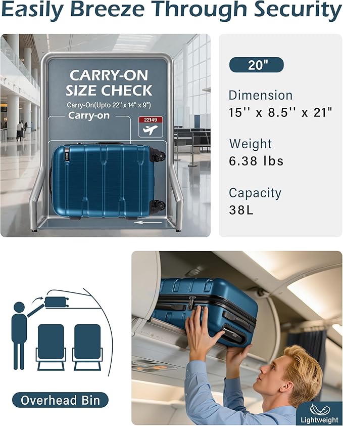 Coolife Carry On Luggage 22x14x9 Airline Approved Hardside PC+ABS Suitcase with TSA Lock, Lightweight Rolling Travel Luggage with Spinner Wheels(Caribbean Blue, 20in)