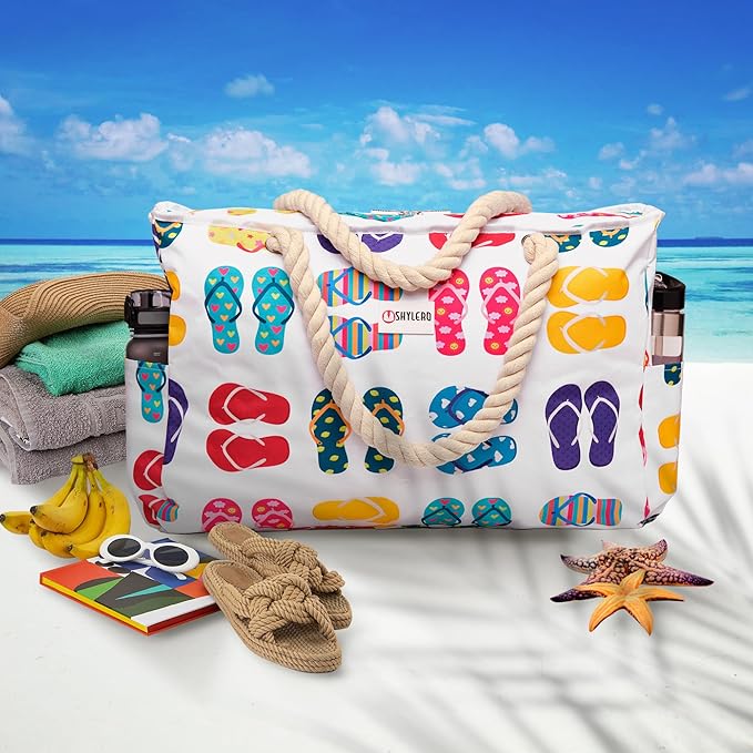 Beach Bag and Pool Bag Has Cooler Pocket, 7 Pockets Total, Zip Top. Family Size Waterproof Beach Tote