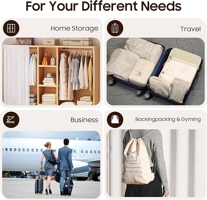 8 Set Travel Packing Organizers- Luggage Organizer for Suitcase Organization with Hanging Toiletry, Shoe & Laundry Bags, Packing Cubes for Travel Essentials, Cute Gifts for Women, Beige