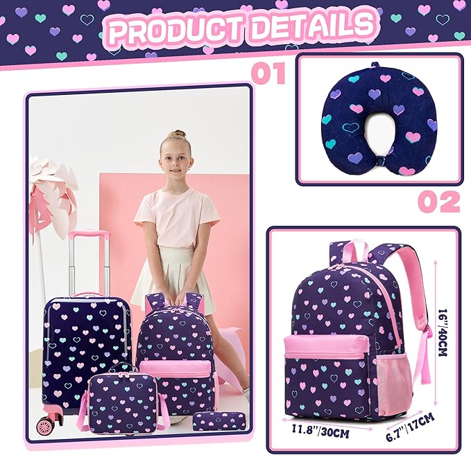 Kid’s Luggage Set 5 Piece Suitcase Set 16’’ Hardside Luggage with Spinner Wheels Girls Carry on Toddler Travel Rolling Suitcase Carry on Luggage Airline Approved
