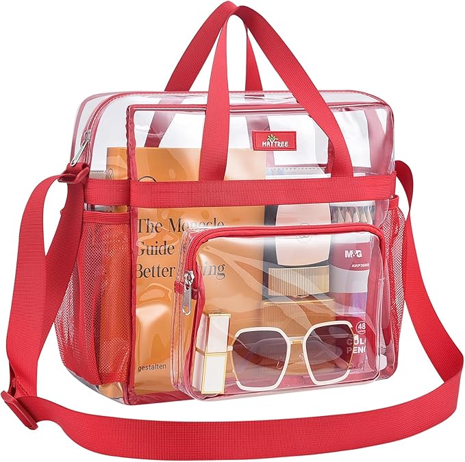 MAY TREE Clear Bag for Stadium Events 12×6×12 Clear Tote Lunch Bag with Reinforced Straps for Work, Sporting Events and Gym, Red