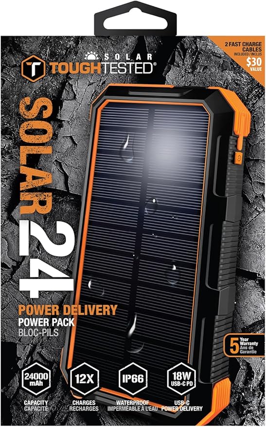 ToughTested 24000mAh Solar Power Bank Portable Charger, Fast Charging External Battery Pack with LED Flashlight, IP66 Waterproof, Dustproof, Shockproof USB-C Power Bank for Camping, Travel & Emergency