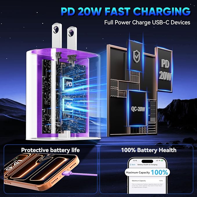 Phone 17 16 15 Pro Charger Fast Charging, 20W USB C Fast Charger Block with 3FT Long Type C Chargers Fast Charging Cable Cord for Phone 17/17 Pro/17 Pro Max/Air/16 Pro Max/16 Pro/15Pro Max/Pro, S24