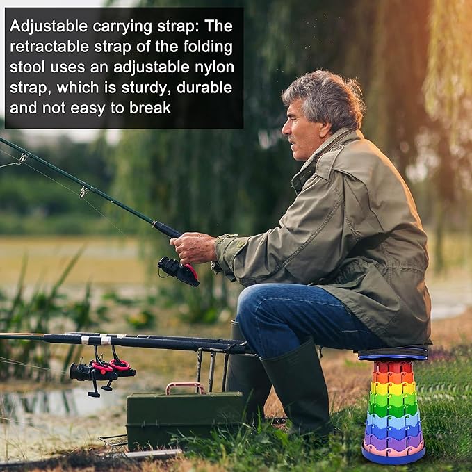 Upgraded Portable Folding Stool with Seat Cushion and Nylon Bag Adjustable Stool with 350lbs Load Capacity Collapsible Camping Stool for Adults Outdoor Travel, Fishing. (1, Blue Rainbow)