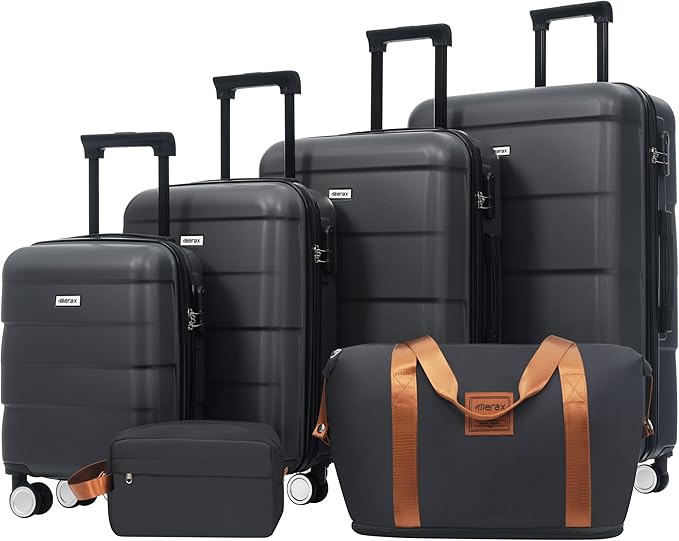 Merax Luggage Sets,Hardcase Suitcase with Bags,6 Piece Lightweight Carry on Luggagewith Double Spinner Wheels Lock,16+20+24+28 inches,charcoal
