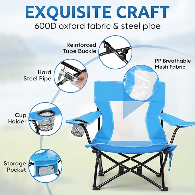 HaSteeL Folding Beach Chair, Foldable Blue Camping Chairs for Outside, Low Beach Chair Portable for Adults Fishing, Picnic, Outdoor BBQ, Travel, Sports, Cup Holder & Storage Bag