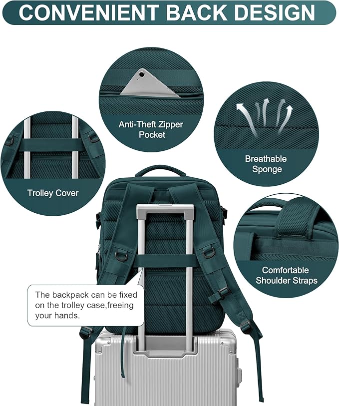WONHOX Large Travel Backpack Women,Carry On Backpack Flight Approved 18x14x8 inches Bag Spirit Airlines Personal ltem,College Sports Hiking Rucksack Laptop Blackpack mochila de viaje,PeacockBlue