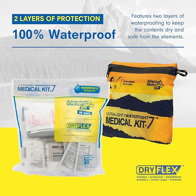 Adventure Medical Kit Ultralight/Watertight Medical Kit .7 - Up to 3 People, Up to 3 Days - Includes Bandages, Blister Essentials & More - Perfect for Hiking, Biking & Climbing