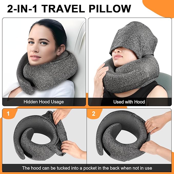 Travel Pillow - Hooded Neck Pillow Airplane Memory Foam Filling for Plane, Office, Cars Sleeping, Road Trip, Long Flights, Airplane Travel Essentials, Includes Eye Mask & Earplugs (Pink)