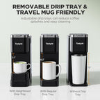 Tastyle Single Serve Coffee Maker with Built-in Detachable Milk Frother, Iced and Hot Coffee Machine for K Cup & Grounds, 40oz Removable Water Reservoir, 6 Cup Sizes, Fits 7.3" Travel Mug, Black