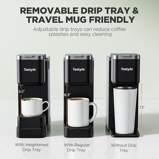 Tastyle Single Serve Coffee Maker with Built-in Detachable Milk Frother, Iced and Hot Coffee Machine for K Cup & Grounds, 40oz Removable Water Reservoir, 6 Cup Sizes, Fits 7.3" Travel Mug, Black