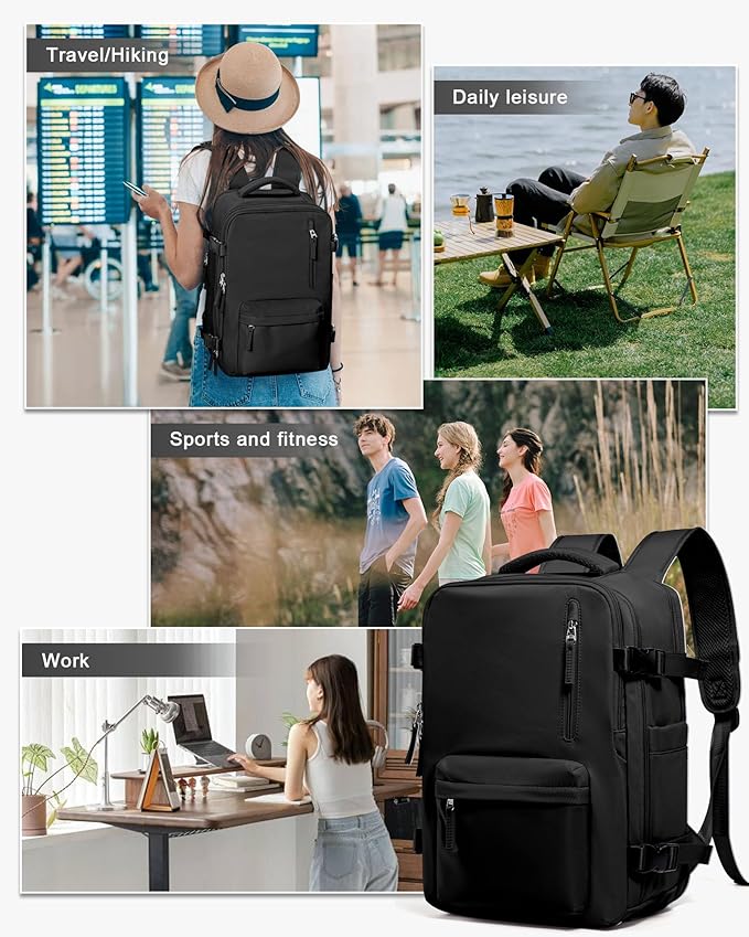 WONHOX Travel Backpack Women,Carry On Backpack Flight Approved 18x14x8 inches Bag Spirit Airlines Personal ltem,College Sports Hiking Rucksack Waterproof Casual Daypack Laptop Blackpack Men,Black