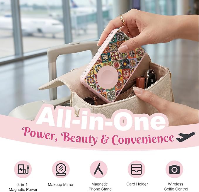 5-in-1 Magnetic Power Bank, 5000mAh Portable Wireless Charger with Mirror, Stand, Bluetooth Remote & Card Holder, MagSafe Compatible Travel Essential for iPhone & Samsung, USB-C Cable Included