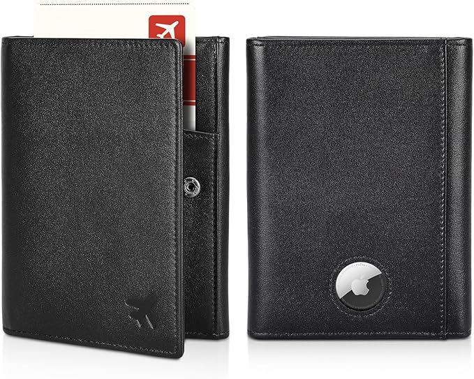 Polare Napa Leather Pilot Wallet Passport Holder RFID Blocking Tri-fold Travel Cover Document Organizer for Aviation Professionals (Black with AirTag Slot)
