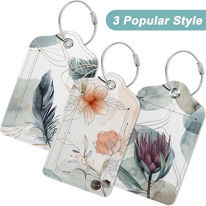 Rimilak 3 Pcs PU Leather Luggage Tags for Suitcase, Travel Cruise Luggage Tag with Privacy Flap, Name ID Label and Metal Loop for Women Men Baggage Handbag School Bag Backpack, Ink Flower