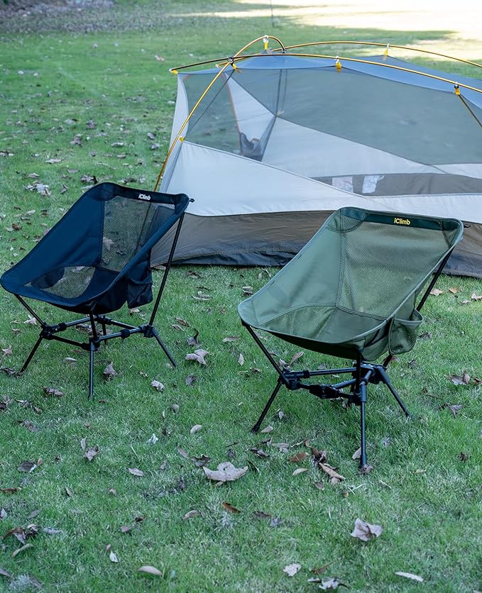 iClimb Ultralight Compact Camping Folding Beach Chair with Anti-Sinking Large Feet and Back Support Webbing (Black - Triangular Frame)
