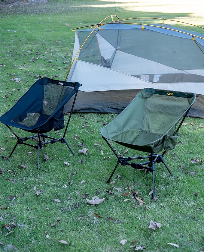 iClimb Ultralight Compact Camping Folding Beach Chair with Anti-Sinking Large Feet and Back Support Webbing (Green - Triangular Frame - 2PC)