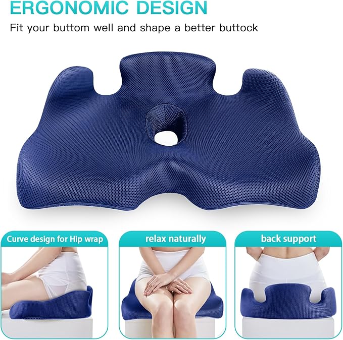 Benazcap X Large Memory Seat Cushion for Office Chair Sciatica & Back Pain Relief Memory Foam Firm Coccyx Pad for Car, Wheelchair, Gaming Chair and Desk Chair, Blue