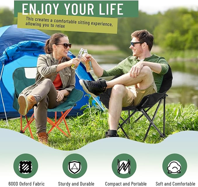 2 Pack Compact Camping Chairs Portable Folding for Outside with Carry Bag Lightweight Moon Chairs for Travel Picnic Hiking Beach Fishing, 600D Oxford, Supports 330lbs(Green, Black)