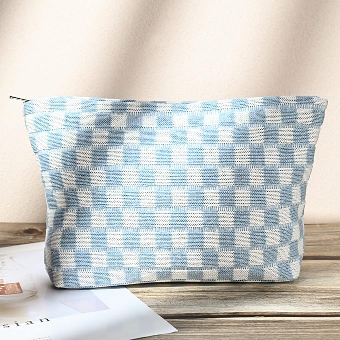 SOIDRAM 2 Pieces Makeup Bag Large Checkered Cosmetic Bag Capacity Canvas Travel Toiletry Bag Organizer Cute Makeup Brushes Aesthetic Accessories Storage Bag for Women,Checkered L Purple Light blue