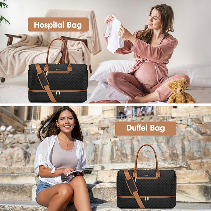 Travel Weekender Duffle Bags for Women - Large Carry On Bag with Shoe Compartment Overnight Bag with Toiletry Bag Duffel Bags with Wet Pocket for Gym Hospital Bags for Labor and Delivery Black Brown