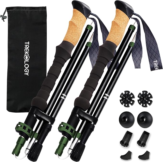 TREKOLOGY Trek-Z Cork Grip Trekking Poles – Lightweight Folding Hiking Poles, Adjustable Height, Compact Travel Design, Aircraft-Grade Aluminum Walking Sticks for Men & Women