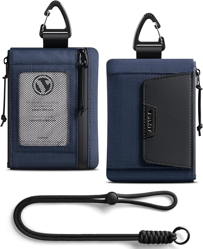VULKIT RFID Blocking Lanyard Wallet for Men and Women, Nylon Neck Wallet with ID Window, Zipper Pouch and Keychain, Magnetic Pocket for Hiking, Fishing and Outdoor Activities, Navy Night
