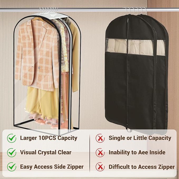 Garment Bags for Hanging Clothes 40” Long, Ultra Clear Suit Bags for Closet Storage, Moving Organization, Travel Covers with 10" Gussets for Coat, Dress, Shirt and Sweater - 2 PCS