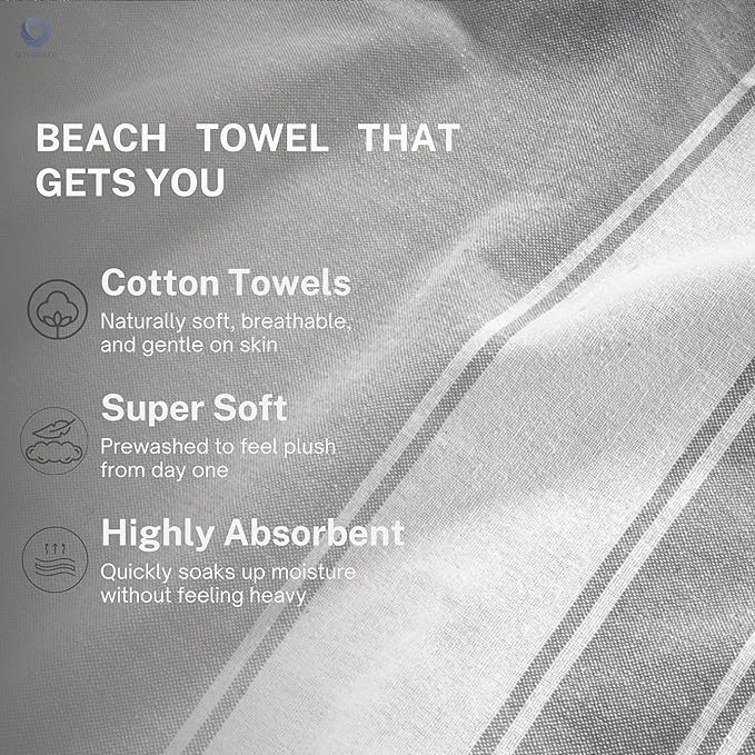 Cotton Turkish Beach Towel with Towels Oversized 36"x72" Pool Absorbent Extra Large Quick Dry Sand Travel Towel (Grey, 2 Pack)