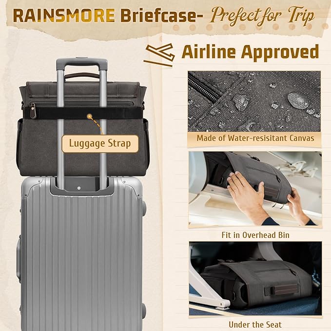 RAINSMORE Mens Messenger Bag 17-17.3 Inch Vintage Canvas Briefcase Water-resistant Large Computer Laptop Bag Rugged Satchel Shoulder Bag for Work Travel, Bookbag for College